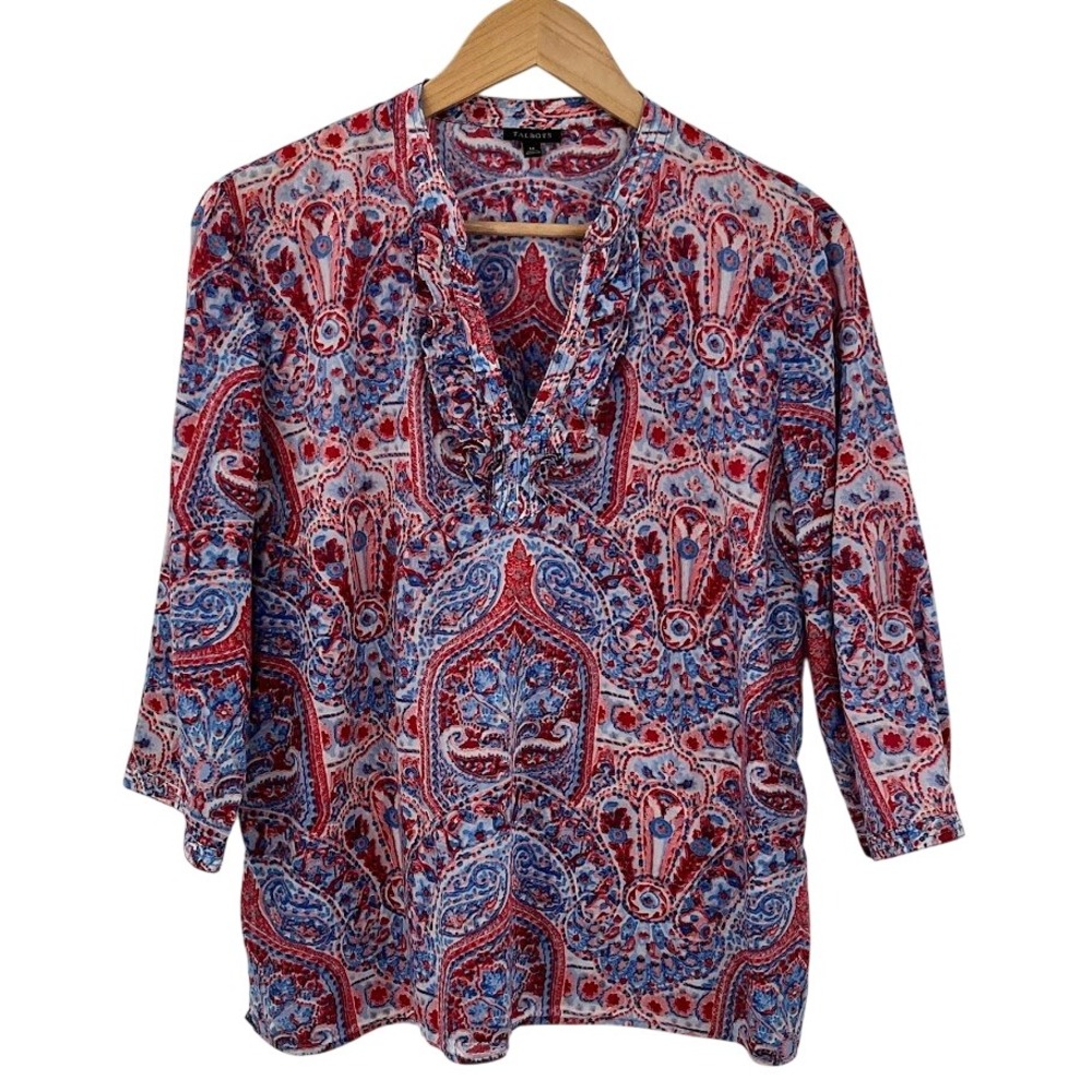 Talbots Womens Red Blue Paisley Ruffle Split Neck 100% Cotton Blouse Top Medium
